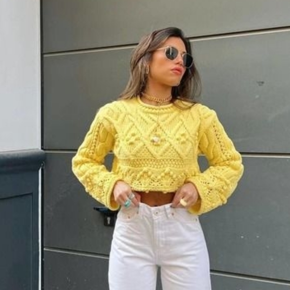 Zara Pom Pom Knit Cable Crochet Cropped Sweater. Women Size  Medium